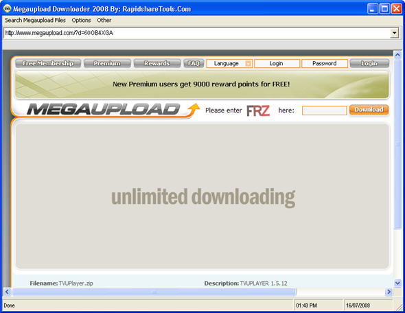 Click to view Megaupload Downloader 2008 1.2 screenshot