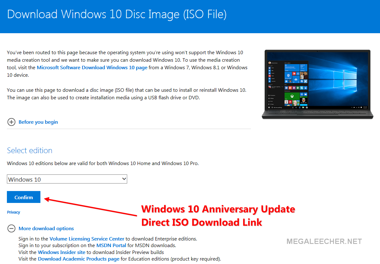 Download the ISO file of Windows 10 anniversary update