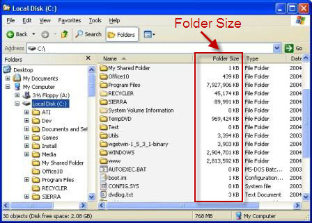 windows explorer show folder size